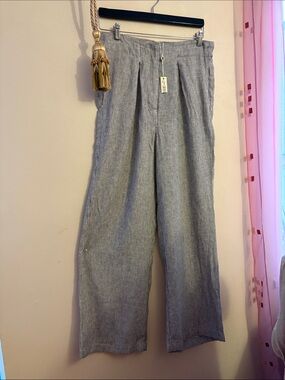 Max Studio Gray Pinstripe Straight-Leg Pants. Linen. RAYON